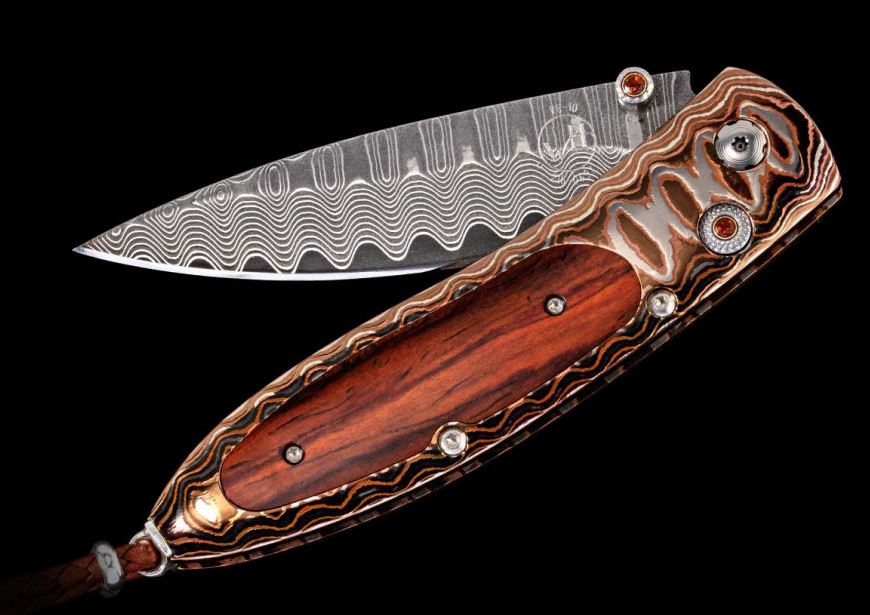 William Henry  'Coco' folding knife features a handle in 'Wave' mokume gane  inlaid with cocobolo wood